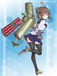 Rule 34 | 10s, 1girl, alcohol, alternate legwear, anchor symbol, asahi breweries, back, beer, beer can, bespectacled, black gloves, black thighhighs, blouse, brown hair, can, cannon, coca-cola, colorized, depth charge projector, drink can, fairy (kancolle), folded ponytail, glasses, gloves, hair ornament, hairclip, headphones, highres, ikameshi (ika meshi), inazuma (kancolle), kantai collection, long hair, looking at viewer, looking back, neckerchief, school uniform, serafuku, shield, shirt, smokestack, solo, thighhighs, tsuruoka masayoshi to junjou romantica 2, type 3 active sonar, type 3 depth charge projector, wt
