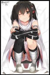Rule 34 | 10s, 1girl, black border, black hair, black thighhighs, blush, border, brown eyes, elbow gloves, fingerless gloves, fishnets, gloves, hair ornament, hairclip, isshiki (ffmania7), kantai collection, one eye closed, panties, pantyshot, scarf, school uniform, sendai (kancolle), sendai kai ni (kancolle), serafuku, short hair, single thighhigh, skirt, smile, solo, squatting, thighhighs, two side up, underwear, white panties