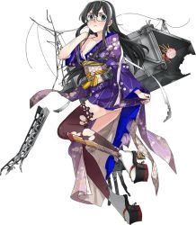 Rule 34 | 10s, 1girl, black eyes, black hair, fujikawa, full body, glasses, hair ornament, hairband, japanese clothes, kantai collection, kimono, looking at viewer, machinery, official art, ooyodo (kancolle), solo, tasuki, torn clothes, transparent background, turret