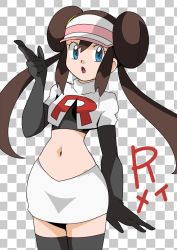 Rule 34 | 1girl, blue eyes, brown hair, cosplay, creatures (company), game freak, hainchu, navel, nintendo, pokemon, pokemon bw2, rosa (pokemon), solo, team rocket (cosplay)