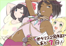 Rule 34 | 3girls, :d, arm behind head, beanie, blonde hair, blush, blush stickers, breasts, brown hair, closed mouth, commentary request, creatures (company), eyelashes, game freak, green eyes, green shorts, grey eyes, hand on own hip, hat, highres, jewelry, lillie (pokemon), lipstick, long hair, makeup, medium hair, multiple girls, navel, necklace, nintendo, o3o, olivia (pokemon), one eye closed, open mouth, parted lips, pink lips, pink shirt, pokemon, pokemon sm, purple shorts, selene (pokemon), shirt, short sleeves, shorts, sleeveless, sleeveless shirt, smile, sparkle, t-shirt, teeth, tied shirt, tongue, translation request, tudurimike, upper teeth only, white shirt, yellow shirt