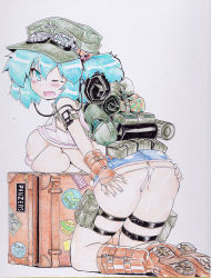 Rule 34 | 1girl, adapted costume, ass, ass grab, backpack, bag, blue eyes, blue hair, blush, boots, breast rest, breasts, cleft of venus, clothes lift, curvy, fang, female focus, fingerless gloves, gloves, goggles, goggles on head, hair bobbles, hair ornament, hat, kawashiro nitori, knee boots, kneehighs, large breasts, looking at viewer, looking back, matching hair/eyes, okiraku nikku, one eye closed, open mouth, panties, panty pull, revealing clothes, shikishi, shirt lift, short hair, socks, solo, suitcase, touhou, traditional media, twintails, two side up, underwear, wedgie, wink