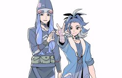 Rule 34 | 2boys, adaman (pokemon), arm wrap, bad id, bad twitter id, blue coat, blue hair, bright pupils, closed mouth, coat, creatures (company), diamond clan outfit, earrings, game freak, green bag, hand up, heart hands failure, highres, jewelry, long hair, looking at viewer, male focus, melli (pokemon), multicolored hair, multiple boys, neck ring, nintendo, outstretched arm, parted lips, pokemon, pokemon legends: arceus, saikin mz suki, simple background, smile, w, white background, white pupils, wristband