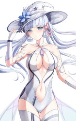 Rule 34 | 1girl, absurdres, alternate costume, ayaka (genshin impact), blue eyes, blue hair, blunt tresses, breast cutout, breasts, cleavage, clothing cutout, fingerless gloves, flower hat, genshin impact, gloves, hair ornament, hat, highres, large breasts, leotard, light blue hair, long hair, medium breasts, mole, mole under eye, multiple straps, navel cutout, solo, tassel, tassel hair ornament, thighhighs, white background, white gloves, white hat, white leotard, white thighhighs, witch hat, yeni1871