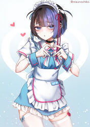 1girl 4-finger_heart_hands apron black_choker black_hair blue_dress blue_eyes blue_ribbon choker cowboy_shot detached_collar dress ear_piercing hair_ornament hair_ribbon heart heart_hands highres jewelry looking_at_viewer maid_headdress mizunochika mole mole_under_eye multicolored_hair original parted_lips piercing purple_hair red_ribbon ribbon ring short_sleeves solo thighhighs twitter_username two-tone_hair white_apron white_thighhighs