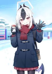 1girl alternate_costume blue_archive coat coffee demon_girl demon_horns demon_wings gesupi_(provlemsolver57) halo highres horns kayoko_(blue_archive) looking_at_viewer multicolored_hair red_eyes scarf skirt smile waving white_halo wings winter winter_clothes