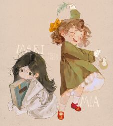 Rule 34 | 2girls, bandaid, bandaid on face, black eyes, black hair, book, bow, brown hair, child, closed eyes, dress, full body, gloves, green dress, hair bow, highres, holding, holding book, jewelry, looking at viewer, moaomao mo, multiple girls, necklace, open mouth, original, parted lips, red footwear, short hair, sidelocks, simple background, sitting, smile, socks, teeth, white dress, white gloves, white socks, yellow bow