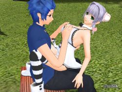Rule 34 | 1girl, 3d, blue hair, grabbing another&#039;s breast, breasts, clothed sex, cowgirl position, cum, dress, facial, grabbing, large breasts, sex, straddling, thighhighs, vaginal