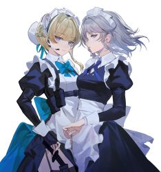 Rule 34 | 2girls, apron, blonde hair, blue archive, blue bow, blue bowtie, blue dress, blue eyes, bow, bowtie, braid, breasts, bun cover, commentary, cowboy shot, dress, grey hair, hair bun, hair intakes, headset, highres, holding, holding key, izayoi sakuya, juliet sleeves, key, long sleeves, looking at viewer, maid, maid headdress, multiple girls, puffy sleeves, reeh (yukuri130), short hair, simple background, small breasts, standing, toki (blue archive), touhou, twin braids, waist apron, white apron, white background