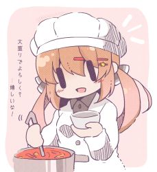 Rule 34 | alternate hairstyle, black bow, bloom2425, bow, brown hair, chibi, cooking, food, hair between eyes, hair ornament, hairclip, hat, highres, jacket, kantai collection, ladle, long hair, low twintails, pink background, pot, simple background, solo, tashkent (kancolle), translation request, twintails, twitter username, white background, white jacket