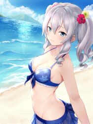 Rule 34 | 1girl, bare arms, bare shoulders, beach, bikini, blue bikini, blue eyes, breasts, closed mouth, collarbone, day, grey hair, hair between eyes, highres, kantai collection, kashima (kancolle), kotou yogen, long hair, medium breasts, ocean, outdoors, smile, solo, swimsuit, twintails, upper body