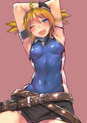 Rule 34 | 10s, 1girl, ;d, ahoge, armband, armlet, armpits, arms behind head, arms up, bad id, bad twitter id, belt, belt skirt, black gloves, blonde hair, blue eyes, blush, covered navel, fang, gloves, granblue fantasy, hair between eyes, one eye closed, open mouth, pengie, pink background, rama (amaru), shiny clothes, short hair, short shorts, short twintails, shorts, simple background, smile, solo, twintails