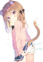 Rule 34 | 1girl, :&lt;, animal ear fluff, animal ears, arrow (symbol), ass, ass grab, black bow, blue skirt, blush, bow, breasts, brown hair, cat ears, cat girl, cat tail, closed mouth, clothes lift, commentary request, grabbing own ass, hair between eyes, hair bow, lifted by tail, long hair, long sleeves, looking at viewer, looking to the side, one side up, original, panties, pink shirt, red eyes, shirt, simple background, skirt, skirt lift, sleeves past wrists, small breasts, solo, standing, tail, tail raised, translation request, underwear, white background, white panties, yuizaki kazuya