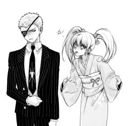 Rule 34 | 1boy, 1girl, bad id, bad twitter id, bow, closed mouth, collared shirt, commentary request, danganronpa (series), danganronpa 2: goodbye despair, eyepatch, formal, freckles, greyscale, hair bow, jacket, japanese clothes, kimono, kuzuryu fuyuhiko, long hair, long sleeves, looking at another, mole, mole under mouth, monochrome, necktie, obi, open mouth, pants, pekupe (p krr), saionji hiyoko, sash, shaded face, shirt, short hair, striped clothes, striped jacket, striped pants, suit, translation request, twintails, very short hair, wide sleeves