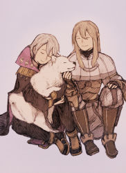 Rule 34 | 2boys, blonde hair, closed eyes, dog, fire emblem, fire emblem awakening, hand on another&#039;s chin, henry (fire emblem), hug, libra (fire emblem), maeka (kumaekake), multiple boys, nintendo, scratching, scratching chin, simple background, sitting, smile, stroking another&#039;s chin
