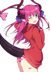 Rule 34 | 1girl, arm up, ass, blue eyes, elizabeth bathory (fate), elizabeth bathory (fate/extra ccc), fang, fate/grand order, fate (series), from side, highres, hood, hoodie, horns, jacket, long hair, looking back, no pants, one eye closed, open mouth, panties, pink hair, pointy ears, ribbon, smile, solo, striped clothes, striped panties, tail, twintails, two side up, underwear, v