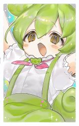 Rule 34 | 1girl, arms up, blush, border, green hair, green shorts, highres, long hair, open mouth, orange eyes, shirt, short sleeves, shorts, simple background, solo, sparkle, suspender shorts, suspenders, upper body, voicevox, waonwaowao3, white shirt, zundamon