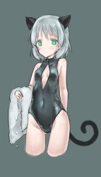 Rule 34 | 1girl, alternate costume, animal ears, aohashi ame, breasts, cat ears, cat tail, cleavage, colored eyelashes, front zipper swimsuit, green eyes, highres, meme attire, one-piece swimsuit, sanya v. litvyak, short hair, silver hair, small breasts, solo, strike witches, swimsuit, tail, towel, colored eyelashes, world witches series