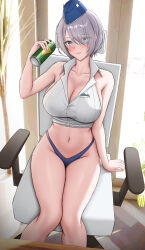 Rule 34 | 1girl, absurdres, arm support, backless shirt, bare shoulders, black panties, blue eyes, blue hat, blush, breasts, brid (nikke), can, canned coffee, chair, cleavage, collarbone, collared shirt, commentary, doenji (auto7233), drink can, eyes visible through hair, garrison cap, goddess of victory: nikke, grey hair, groin, hair over one eye, hand up, hat, highres, holding, holding can, indoors, large breasts, long hair, looking at viewer, low ponytail, navel, no pants, on chair, panties, parted lips, shirt, sidelocks, sitting, sleeveless, solo, stomach, underwear