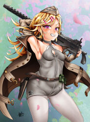 Rule 34 | 1girl, absurdres, armpits, ass, blonde hair, blush, breasts, brown jacket, browning m1919, full body, girls&#039; frontline, gun, hair ornament, hairclip, hat, highres, holding, holding gun, holding weapon, huge ass, jacket, long hair, looking at viewer, m1919a4 (girls&#039; frontline), machine gun, medium machine gun, open clothes, open jacket, open mouth, pantyhose, presenting armpit, red eyes, smile, solo, succuboi, thighs, weapon, wide hips