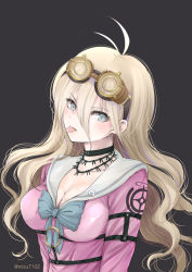 Rule 34 | 10s, 1girl, :p, ahoge, antenna hair, arms at sides, badge, barbed wire, black background, blonde hair, blue bow, blue bowtie, blue eyes, bow, bowtie, breasts, button badge, choker, cleavage, closed mouth, collarbone, danganronpa (series), danganronpa v3: killing harmony, eyelashes, female focus, goggles, goggles on head, hair between eyes, iruma miu, long hair, looking at viewer, medium breasts, mizutama, o-ring, school uniform, serafuku, simple background, solo, tongue, tongue out, twitter username, upper body, wavy hair