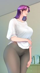 Rule 34 | 1girl, breasts, camisole, circle monshiro, commentary request, cowboy shot, grey pants, large breasts, lips, long hair, mature female, original, panties under leggings, pants, parted bangs, plump, purple hair, red eyes, shirt, solo, thick thighs, thighs, white shirt, wide hips, yoga pants