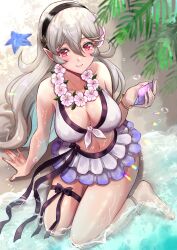 Rule 34 | 1girl, anklet, barefoot, bikini, breasts, cleavage, collar, corrin (female) (fire emblem), corrin (female) (summer) (fire emblem), corrin (fire emblem), fire emblem, fire emblem fates, fire emblem heroes, flower, flower necklace, frilled bikini, frills, highres, jewelry, large breasts, lei, long hair, looking at viewer, multicolored bikini, multicolored clothes, necklace, nintendo, official alternate costume, partially submerged, pointy ears, purple bikini, red eyes, seashell, shell, sitting, smile, snow20200, solo, starfish, swimsuit, white bikini, white hair