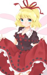 Rule 34 | 1girl, blonde hair, blue eyes, blush, breasts, bubble skirt, clothes lift, commentary request, frilled shirt collar, frilled skirt, frills, fujiko (emnprmn), highres, huge bow, lifted by self, medicine melancholy, medium breasts, one-hour drawing challenge, puffy short sleeves, puffy sleeves, red ribbon, ribbon, short hair, short sleeves, simple background, skirt, skirt lift, smile, solo, touhou, white background