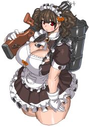 Rule 34 | 1girl, apron, ascot, blush, bow, breasts, brown dress, cleavage, cleavage cutout, clothing cutout, cropped legs, dress, gatling gun, gloves, gun, hair behind ear, hair bow, highres, holding, holding gun, holding weapon, large breasts, looking at viewer, maid, maid apron, orange bow, original, over shoulder, red eyes, solo, sparkle, thick thighs, thighs, twintails, utoka, weapon, weapon over shoulder, white apron, white ascot, white background, white gloves