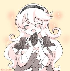 Rule 34 | 1girl, armor, closed eyes, corrin (female) (fire emblem), corrin (fire emblem), eromame, fire emblem, fire emblem fates, hairband, long hair, monochrome, nintendo, open mouth, simple background, solo, tearing up, twitter username, upper body