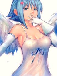 Rule 34 | 00s, 1girl, :o, angel, angel of light nanael, angel wings, aqua eyes, armpits, bare shoulders, blue eyes, blue hair, breasts, cleavage, covering own mouth, dress, elbow gloves, fumio (rsqkr), gloves, hair ornament, hairclip, hand over own mouth, large breasts, looking at viewer, matching hair/eyes, nanael (queen&#039;s blade), nanael (queen's blade), no bra, open mouth, queen&#039;s blade, ribbon, short hair, sideboob, simple background, sketch, solo, taut clothes, taut dress, upper body, white background, white dress, white gloves, wide hips, wings