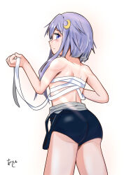 Rule 34 | 1girl, akashieru, artist logo, artist name, bandages, blue eyes, blue one-piece swimsuit, clothes pull, commentary request, cowboy shot, crescent, crescent hair ornament, from behind, hair ornament, highres, kantai collection, looking at viewer, one-hour drawing challenge, one-piece swimsuit, one-piece swimsuit pull, purple hair, sarashi, school swimsuit, short hair, short hair with long locks, simple background, solo, swimsuit, white background, yayoi (kancolle)