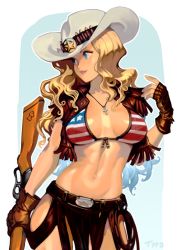 Rule 34 | 1girl, american flag bikini, american flag print, belt, bikini, bikini top only, blonde hair, blue eyes, breasts, breasts apart, brown gloves, cleavage, commentary, cowboy bebop, cowboy hat, cross, cross necklace, curly hair, english commentary, epaulettes, fingerless gloves, flag print, frilled vest, frills, front-tie bikini top, front-tie top, gloves, gun, hat, highres, holding, holding gun, holding weapon, jewelry, judy (cowboy bebop), large breasts, lasso, latin cross, lever action, lips, navel, necklace, optionaltypo, pelvic curtain, print bikini, rifle, smile, solo, stomach, swimsuit, toned, vest, weapon