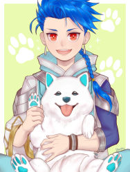 Rule 34 | 1boy, 1other, animal, asymmetrical bangs, asymmetrical clothes, blue hair, bracelet, braid, braided ponytail, child, cu chulainn (fate), dog, earrings, fate/grand order, fate/grand order arcade, fate (series), happy, highres, ibushi, jewelry, long hair, long sleeves, looking at viewer, male focus, open mouth, paw print, ponytail, popped collar, puppy, red eyes, setanta (fate), signature, single braid, slit pupils, smile, spiked hair