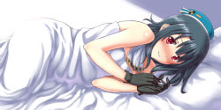 Rule 34 | 10s, 1girl, bad id, bad pixiv id, bed, bed sheet, black hair, blush, hat, kantai collection, looking at viewer, lying, on side, short hair, smile, solo, takao (kancolle), tatsumiya motokazu, under covers