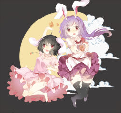 Rule 34 | 2girls, animal ears, barefoot, black hair, breasts, carrot necklace, collared shirt, dress, frilled sleeves, frills, full body, huang bao b, inaba tewi, jewelry, long hair, looking at viewer, multiple girls, necklace, necktie, no shoes, open mouth, pink dress, pleated skirt, puffy short sleeves, puffy sleeves, purple hair, purple skirt, rabbit ears, red eyes, red necktie, red ribbon, reisen udongein inaba, ribbon, ribbon-trimmed dress, shirt, short hair, short sleeves, simple background, skirt, sleeve ribbon, small breasts, thighhighs, torn clothes, torn thighhighs, touhou, white shirt, zettai ryouiki