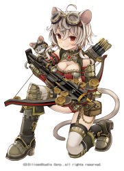 Rule 34 | 1girl, age of ishtaria, ahoge, animal ears, armor, armored boots, arrow (projectile), bag, boots, bow (weapon), breasts, chain, cleavage, company name, copyright notice, crossbow, garter straps, goggles, goggles on head, hair between eyes, highres, holding, holding weapon, long hair, looking at viewer, mouse (animal), mouse ears, namaru (summer dandy), official art, on one knee, orange eyes, silver hair, simple background, smile, solo, sparkle, steampunk, thighhighs, toki no ishutaria, twintails, weapon, white background, white thighhighs