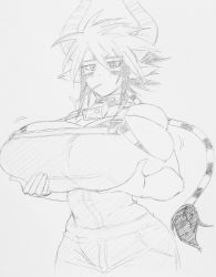 Rule 34 | 10s, 1girl, animal ears, animal print, bell, bikini, bikini top only, breast lift, breasts, cathyl, collar, cow girl, cow horns, cow print, cowbell, gigantic breasts, greyscale, horns, kyatoru, long hair, matsu-sensei, minotaur, monochrome, monster girl, monster musume no iru nichijou, motion lines, mouth hold, neck bell, non-web source, overalls, ponytail, sketch, standing, strap gap, straw (stalk), swimsuit, tail
