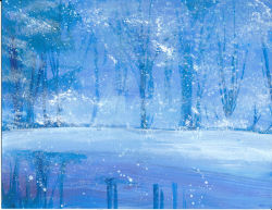 Rule 34 | acrylic paint (medium), blue theme, fog, forest, landscape, nature, no humans, original, painting (medium), reflection, river, scenery, snow, traditional media, tsuru (680597), watercolor (medium)
