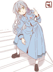 Rule 34 | 1girl, \n/, armband, artist name, assault lily, black footwear, blue dress, braid, breast pocket, buttons, clothes writing, commentary request, cosplay, dress, full body, gakuran, gochisousama (tanin050), grey hair, hair ribbon, hand up, highres, kon kanaho, leaning to the side, light blush, loafers, long hair, long sleeves, looking at viewer, love live!, love live! nijigasaki high school idol club, maeda kaori, on stairs, osaka shizuku (cosplay), osaka shizuku, pantyhose, parted lips, pleated dress, pocket, purple ribbon, ribbon, ryouran! victory road (love live!), school uniform, shoes, side braid, sidelocks, stairs, standing, voice actor connection, wavy hair, white background, white pantyhose, yellow eyes