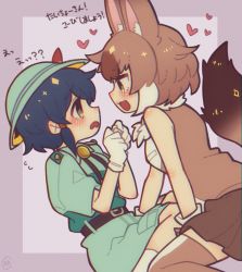 Rule 34 | 2girls, animal ears, bare shoulders, belt, black hair, blush, brown hair, brown legwear, brown shirt, brown skirt, captain (kemono friends), chacodoodle xx, collared shirt, commentary request, dhole (kemono friends), dog ears, dog girl, dog tail, gloves, green eyes, green shirt, green shorts, hair between eyes, hat feather, heart, helmet, highres, kemono friends, kemono friends 3, light brown hair, multicolored hair, multiple girls, pith helmet, pleated skirt, shirt, short hair, short sleeves, shorts, sitting, skirt, sleeveless, t-shirt, tail, thighhighs, translation request, two-tone shirt, uniform, wariza, white gloves, white hair, white shirt, yellow eyes, zettai ryouiki