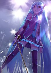 Rule 34 | 1girl, aqua eyes, aqua hair, aqua necktie, bare shoulders, black skirt, black sleeves, black thighhighs, breasts, detached sleeves, from below, gluteal fold, grey shirt, hair between eyes, hair ornament, hatsune miku, highres, holding, holding microphone, long hair, looking at another, microphone, microphone stand, necktie, open mouth, panties, pantyshot, pleated skirt, shirt, skirt, small breasts, stage, stage lights, standing, striped clothes, striped panties, takepon1123, thighhighs, twintails, underwear, very long hair, vocaloid