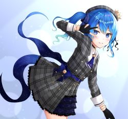 Rule 34 | 1girl, arm up, beret, black gloves, blue bow, blue eyes, blue hair, blue nails, blush, bow, commentary request, crown, dress, gloves, gradient hair, grey dress, grey hat, grin, hair between eyes, hat, hololive, hoshimachi suisei, hoshimachi suisei (1st costume), leaning forward, long hair, long sleeves, mini crown, misui, multicolored hair, nail polish, partially fingerless gloves, plaid, plaid dress, plaid headwear, pleated dress, side ponytail, smile, solo, v over eye, virtual youtuber
