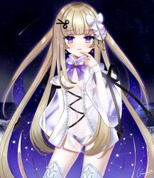 Rule 34 | 1girl, amanogawa shiina, black panties, blonde hair, bow, bowtie, breasts, constellation print, earrings, grey thighhighs, hair bow, highres, jewelry, long hair, navel, ocean, panties, phase connect, purple bow, purple bowtie, purple eyes, scissors hair ornament, see-through, see-through sleeves, shooting star, signature, sky, small breasts, solo, star (sky), starry sky, thighhighs, umirunie, underwear, very long hair, virtual youtuber, water, white bow