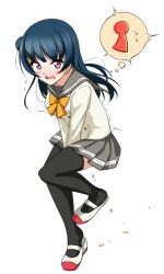 Rule 34 | 1girl, azukilib, between legs, black thighhighs, blue hair, blush, bow, bowtie, embarrassed, female focus, flying sweatdrops, full body, grey sailor collar, grey skirt, hair bun, hand between legs, have to pee, leg up, long hair, long sleeves, looking at viewer, love live!, love live! sunshine!!, open mouth, own hands together, pee, peeing, peeing self, pink eyes, pleated skirt, sailor collar, school uniform, serafuku, shirt, shoes, side bun, simple background, single hair bun, single side bun, skirt, solo, standing, standing on one leg, thighhighs, thought bubble, tsushima yoshiko, v arms, white background, white footwear, white shirt, yellow bow