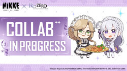 Rule 34 | 2girls, ade (nikke), apron, bare shoulders, black dress, black footwear, blue pupils, carrot, chibi, commentary, copyright name, crossover, dress, emilia (re:zero), english commentary, english text, flower, frilled sleeves, frills, full body, glasses, goddess of victory: nikke, green eyes, grey hair, hair flower, hair ornament, holding, juliet sleeves, light brown hair, long hair, long sleeves, looking at viewer, maid headdress, multiple girls, official art, onion, open mouth, parted bangs, pointy ears, potato, puffy sleeves, purple eyes, purple ribbon, re:zero kara hajimeru isekai seikatsu, ribbon, sparkle, standing, thighhighs, totatokeke, very long hair, white apron, white dress, white flower, white ribbon, white thighhighs, wide sleeves