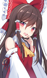 Rule 34 | 1girl, ascot, bare shoulders, blush, bow, brown hair, detached sleeves, e.o., fingernails, hair between eyes, hair bow, hair tubes, hakurei reimu, highres, japanese clothes, long hair, looking at viewer, nontraditional miko, open mouth, red bow, red eyes, ribbon-trimmed sleeves, ribbon trim, sidelocks, simple background, solo, touhou, upper body, white background, wide sleeves, yellow ascot
