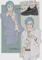 Rule 34 | 1boy, adam&#039;s apple, aegyo sal, black footwear, blue eyes, blue hair, buttoned cuffs, closed mouth, collared shirt, copyright name, cropped legs, cursive, dress shirt, earrings, fashion, film grain, formal, ghiaccio, grey suit, hagiko15, hand in pocket, highres, holding, holding phone, jacket, jewelry, jojo no kimyou na bouken, long sleeves, male focus, multiple views, necklace, open collar, pants, partially unbuttoned, pectorals, phone, pink lips, shirt, shirt tucked in, shoes, short hair, single earring, sneakers, suit, suit jacket, v-shaped eyebrows, vento aureo, watch, wristwatch