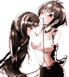 Rule 34 | 2girls, armbinder, arms behind back, bdsm, bondage, bound, breasts, chain, character request, collar, female focus, gumi hundred, highres, leash, monochrome, mouth hold, multiple girls, source request, tears, yuri