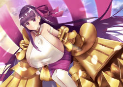 Rule 34 | 1girl, bare shoulders, blush, bow, breasts, choker, claws, collar, fate/extra, fate/extra ccc, fate/grand order, fate (series), hair ribbon, huge breasts, long hair, looking at viewer, o-ring, o-ring top, passionlip (fate), passionlip (third ascension) (fate), pink eyes, purple eyes, purple hair, ribbon, sideboob, smile, solo, to moyomoyo, very long hair